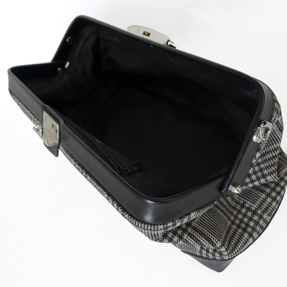 90s DANIER Black Grey Plaid Frame Bag, Genuine Leather Shoulder and Clutch Bag - Picture 5 of 8
